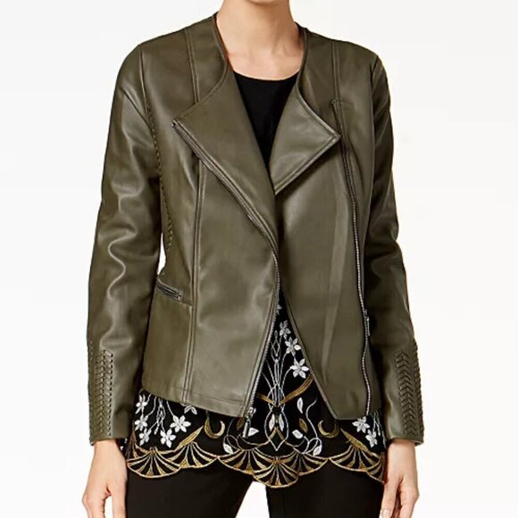 Alfani Olive Whipstitched Faux Leather Zip Up Jacket, Size Medium - Picture 1 of 16